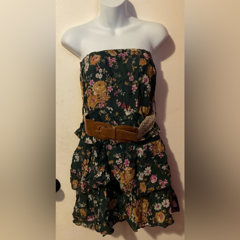 Mine Floral Strapless women’s Y2K Dress with belt - Dark Green size M